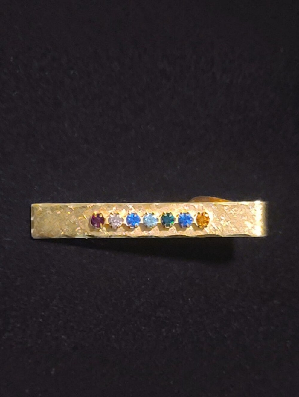 Vintage 1/20 12K GF Gold Filled Textured Tie Clip Multi Color Jewel Rhinestone